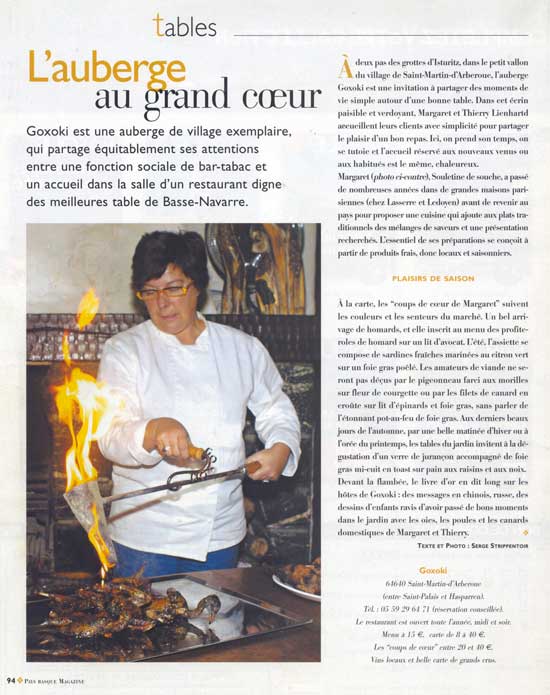 Auberge Goxoki Article de presse